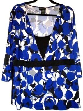 Lane Bryant Size 3X 26/28 Kimono Style Top Blouse Tie Back Geometric Blue Black